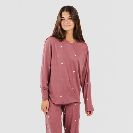 Pijama largo mujer soft Hearts malva rosa pijamas-largos-mujer