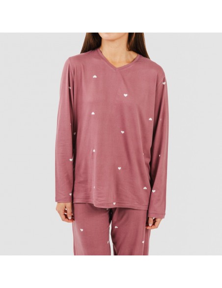 Pijama largo mujer soft Hearts malva rosa pijamas-largos-mujer