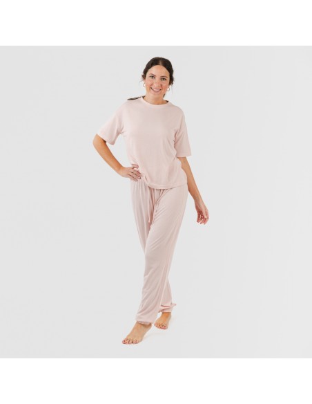 Pijama largo manga corta viscosa mujer liso Pijama largo manga corta viscosa mujer liso