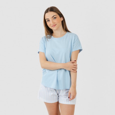 Pijama corto manga fluida algodón mujer Bennet celeste pijamas-cortos-mujer