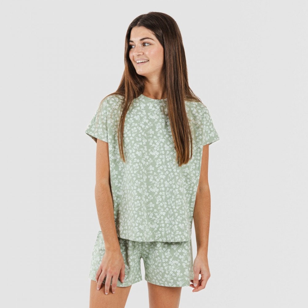 Pijama corto manga fluida algodón mujer Oniris verde caceria