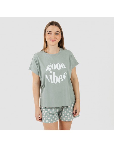 Pijama corto manga fluida algodón mujer Irati verde caceria Pijama corto manga fluida algodón mujer Irati verde caceria