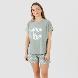 Pijama corto manga fluida algodón mujer Irati verde caceria 2