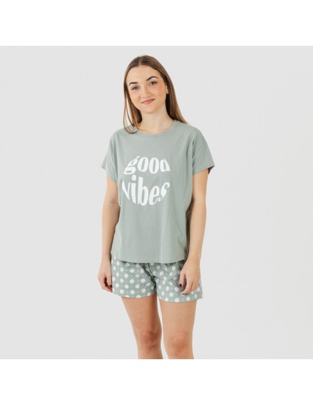 Pijama corto manga fluida algodón mujer Irati verde caceria Pijama corto manga fluida algodón mujer Irati verde caceria