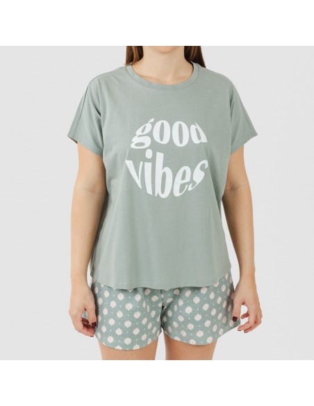 Pijama corto manga fluida algodón mujer Irati verde caceria Pijama corto manga fluida algodón mujer Irati verde caceria