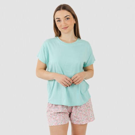 Pijama corto manga fluida algodón mujer Salima verde agua pijamas-cortos-mujer