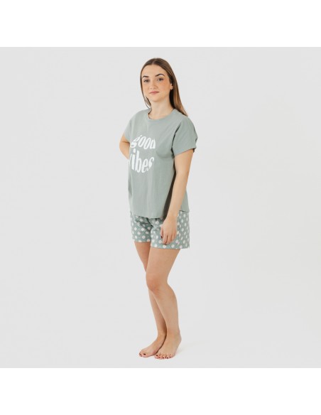 Pijama corto manga fluida algodón mujer Irati verde caceria Pijama corto manga fluida algodón mujer Irati verde caceria