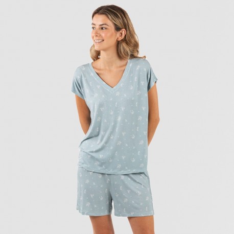 Pijama corto manga fluida viscosa mujer Adriane verde agua