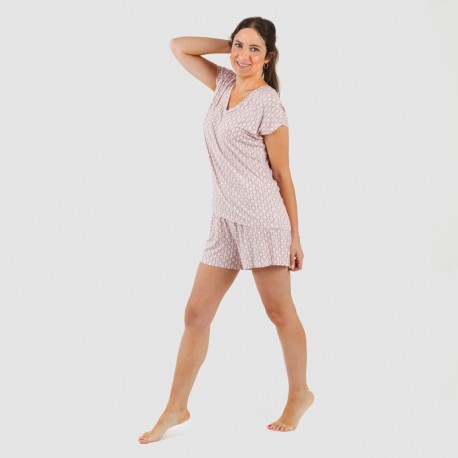 Pijama corto manga fluida viscosa mujer Ellene rosa palo