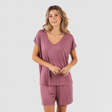 Pijama corto manga fluida viscosa mujer liso