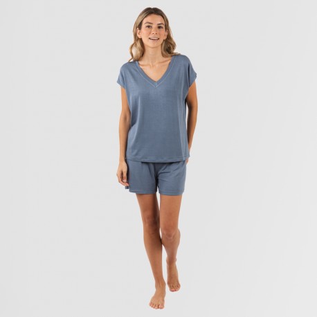 Pijama corto manga fluida viscosa mujer liso