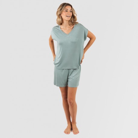 Pijama corto manga fluida viscosa mujer liso