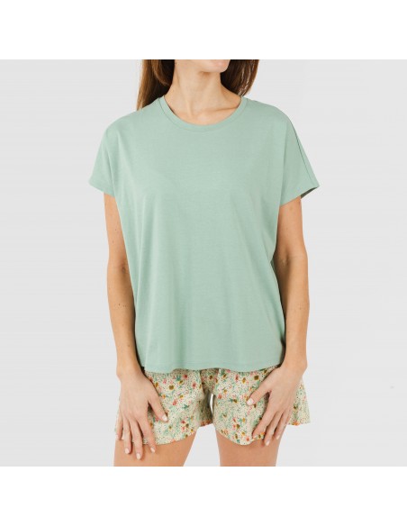 Pijama corto manga fluida algodón mujer Pamela verde