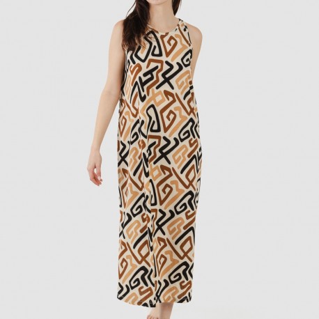 Vestido largo tirantes crepe Domeka marrón - negro