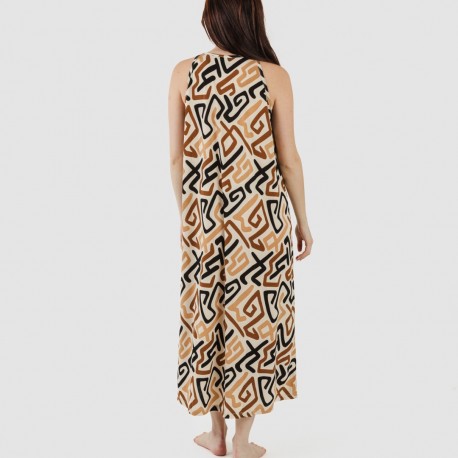 Vestido largo tirantes crepe Domeka marrón - negro