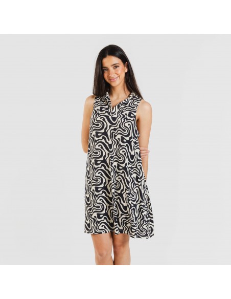 Vestido corto cuello y solapa soft Iratia beige negro Vestido corto cuello y solapa soft Iratia beige negro