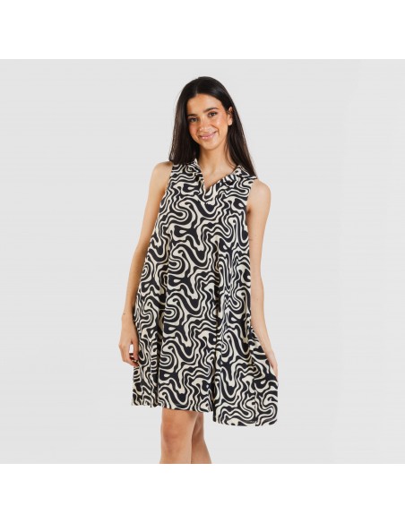 Vestido corto cuello y solapa soft Iratia beige negro Vestido corto cuello y solapa soft Iratia beige negro