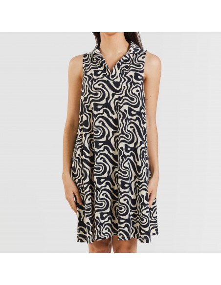 Vestido corto cuello y solapa soft Iratia beige negro Vestido corto cuello y solapa soft Iratia beige negro