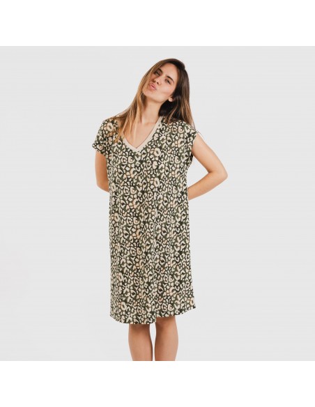 Vestido corto manga fluida crepe Milina verde caceria Vestido corto manga fluida crepe Milina verde caceria