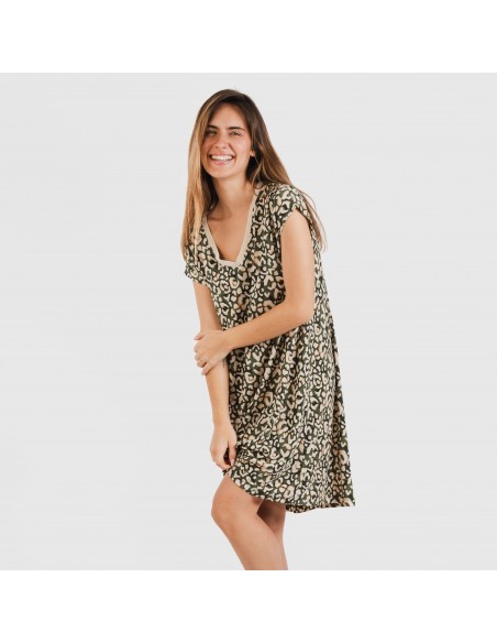 Vestido corto manga fluida crepe Milina verde caceria Vestido corto manga fluida crepe Milina verde caceria