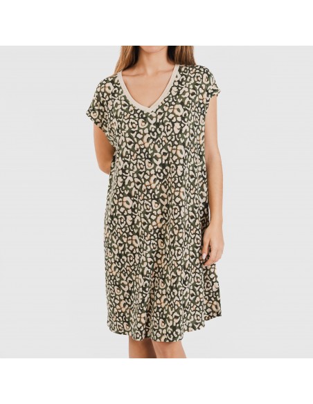 Vestido corto manga fluida crepe Milina verde caceria Vestido corto manga fluida crepe Milina verde caceria