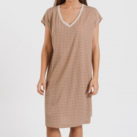 Vestido corto manga fluida crepe Tamila teja