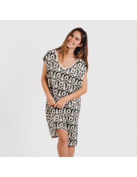 Vestido corto manga fluida soft Raia verde caceria Vestido corto manga fluida soft Raia verde caceria