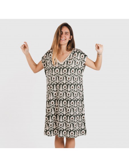 Vestido corto manga fluida soft Raia verde caceria Vestido corto manga fluida soft Raia verde caceria