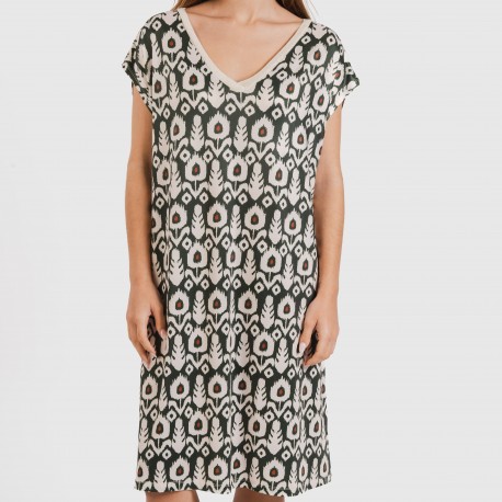 Vestido corto manga fluida soft Raia verde caceria