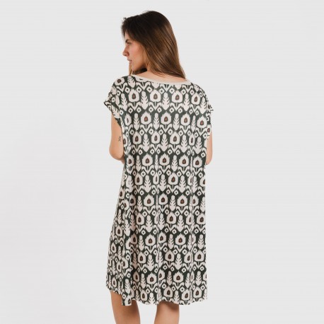 Vestido corto manga fluida soft Raia verde caceria