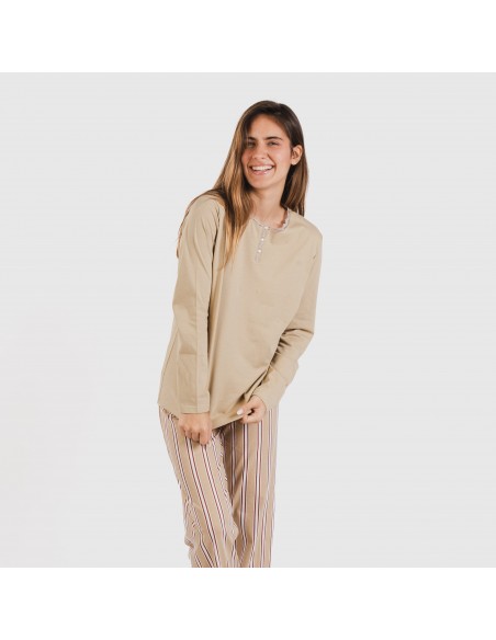 Pijama largo algodón Raya Ico arena pijamas-largos-mujer