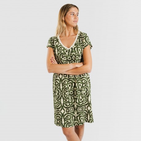 Vestido corto manga fluida crepe Premura verde caceria