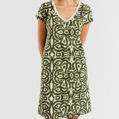 Vestido corto manga fluida crepe Premura verde caceria