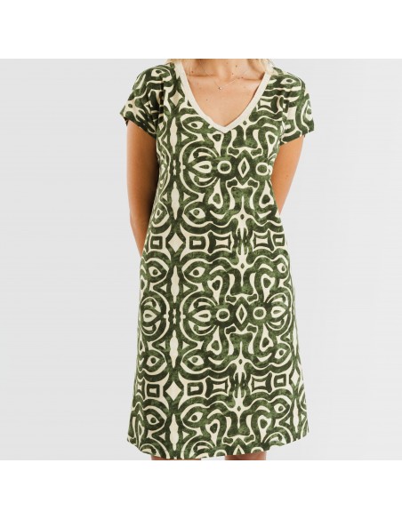 Vestido corto manga fluida crepe Premura verde caceria Vestido corto manga fluida crepe Premura verde caceria