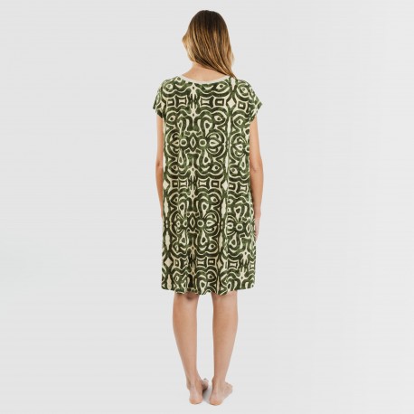 Vestido corto manga fluida crepe Premura verde caceria