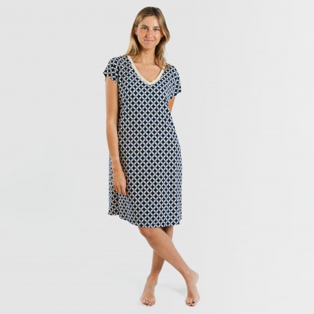 Vestido corto manga fluida crepe Ohio azul marino