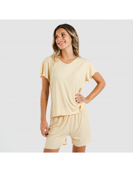 Pijama corto de manga corta mujer canale viscosa liso Pijama corto de manga corta mujer canale viscosa liso
