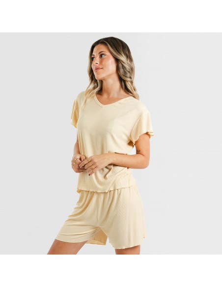 Pijama corto de manga corta mujer canale viscosa liso Pijama corto de manga corta mujer canale viscosa liso