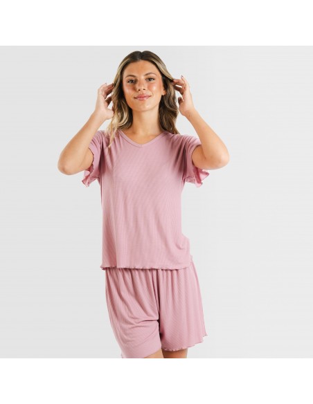 Pijama corto de manga corta mujer canale viscosa liso Pijama corto de manga corta mujer canale viscosa liso