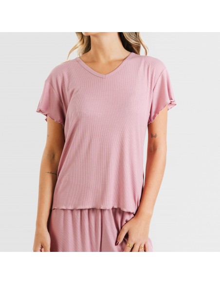 Pijama corto de manga corta mujer canale viscosa liso Pijama corto de manga corta mujer canale viscosa liso