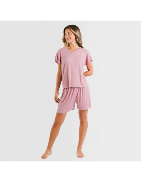 Pijama corto de manga corta mujer canale viscosa liso Pijama corto de manga corta mujer canale viscosa liso