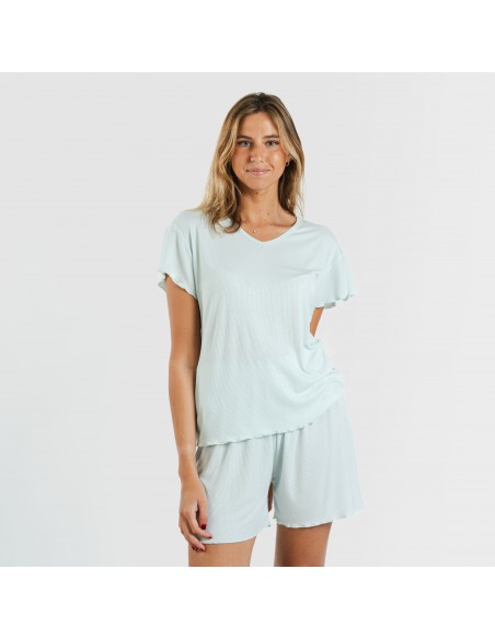 Pijama corto de manga corta mujer canale viscosa liso Pijama corto de manga corta mujer canale viscosa liso