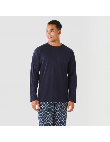 Pijama largo algodón hombre Checo azul marino Pijama largo algodón hombre Checo azul marino