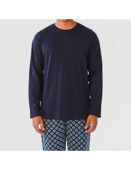 Pijama largo algodón hombre Checo azul marino Pijama largo algodón hombre Checo azul marino