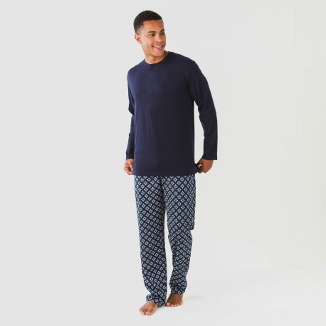 Pijama largo algodón hombre Checo azul marino