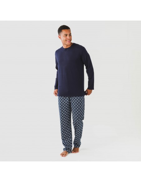 Pijama largo algodón hombre Checo azul marino Pijama largo algodón hombre Checo azul marino