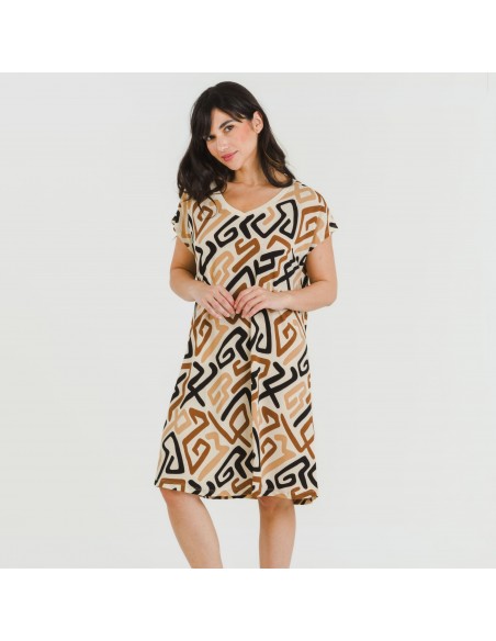 Vestido corto manga fluida crepe Domeka marrón - negro Vestido corto manga fluida crepe Domeka marrón - negro