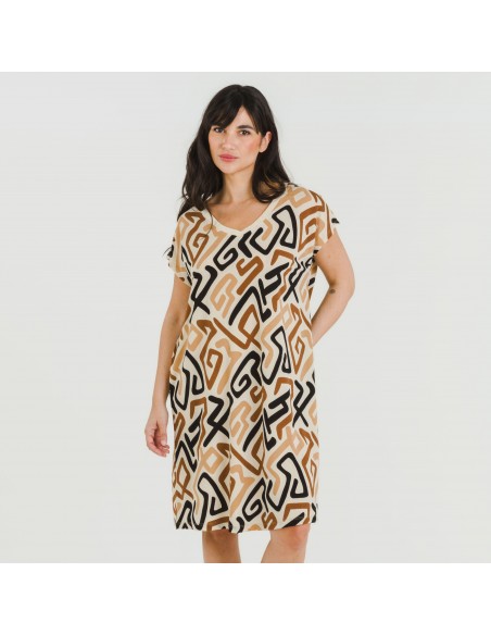 Vestido corto manga fluida crepe Domeka marrón - negro Vestido corto manga fluida crepe Domeka marrón - negro