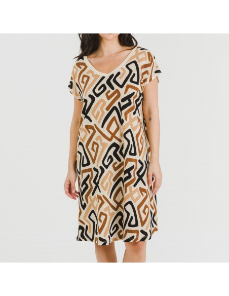 Vestido corto manga fluida crepe Domeka marrón - negro Vestido corto manga fluida crepe Domeka marrón - negro