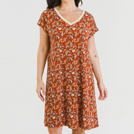 Vestido corto manga fluida crepe Premisa teja